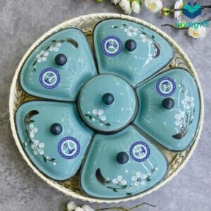 Khay đựng mứt Tết gốm sứ Bát Tràng men xanh vẽ hoa đào trắng KMS-19 - Quatangviva.com
