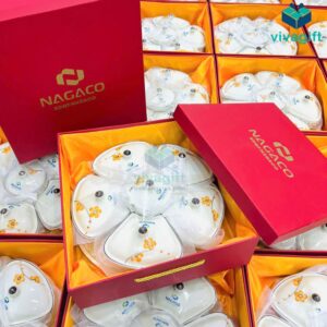 Khay mứt Tết gốm sứ Bát Tràng họa tiết hoa đào cam KMS-18