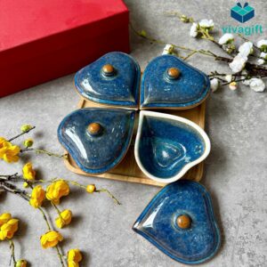 Khay mứt Tết gốm sứ Bát Tràng hình trái tim men hoả biến xanh đại dương KMS-02 - Quatangviva.com