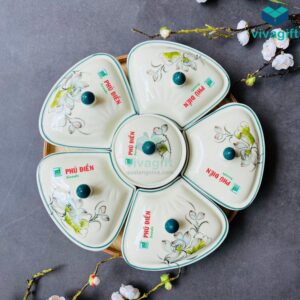 Khay mứt Tết gốm sứ Bát Tràng men kem vẽ hoa sen bóng KMS-12 - Quatangviva.com