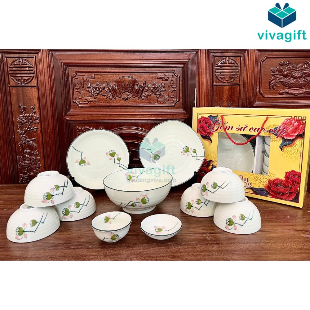 Quà Tặng Doanh Nghiệp Vivagift 35 Bộ Bát Đĩa Quà Tặng Bát Tràng Đài Sen BAB-110 - Quatangviva.com