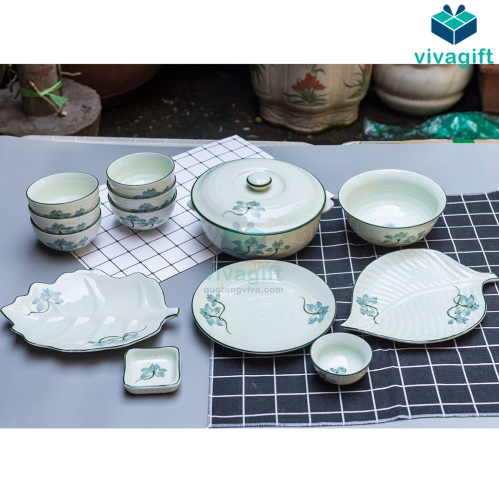 Quà Tặng Doanh Nghiệp Vivagift 89 Bộ Bát Đĩa Bát Tràng Men Kem Sen Xanh Lơ BĐA-108 - Quatangviva.com