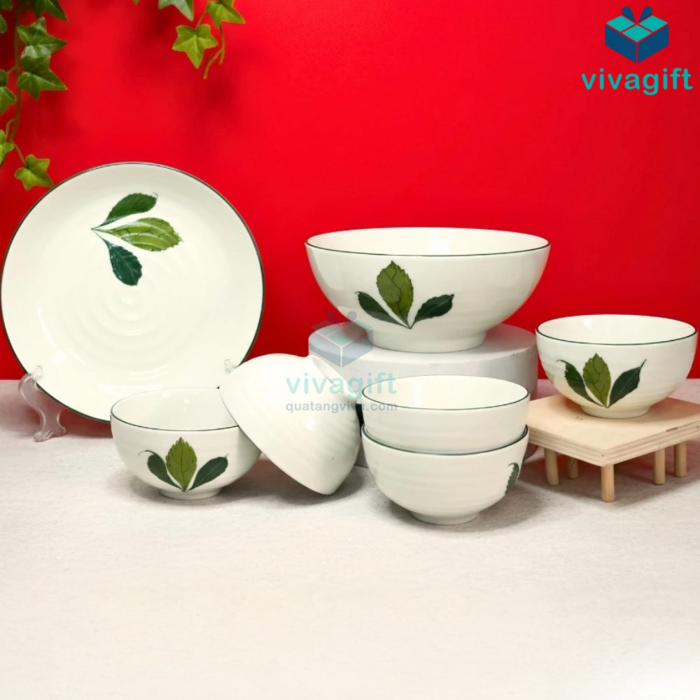 Quà Tặng Doanh Nghiệp Vivagift 32 Bộ Bát Đĩa Quà Tặng Bát Tràng Vẽ Tay Ngò Gai BAB-112 - Quatangviva.com