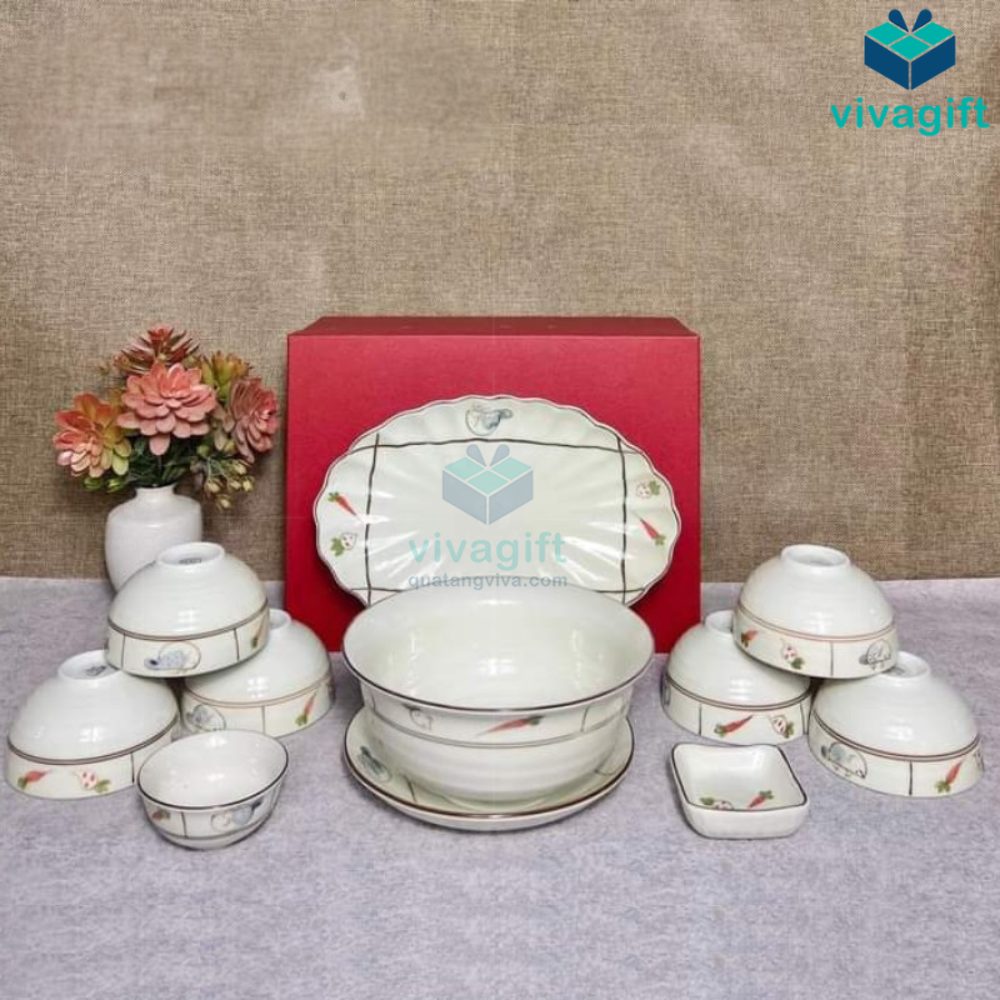 Quà Tặng Doanh Nghiệp Vivagift 31 Bộ Bát Đĩa Quà Tặng Bát Tràng Vẽ Cà Rốt BAB-113 - Quatangviva.com