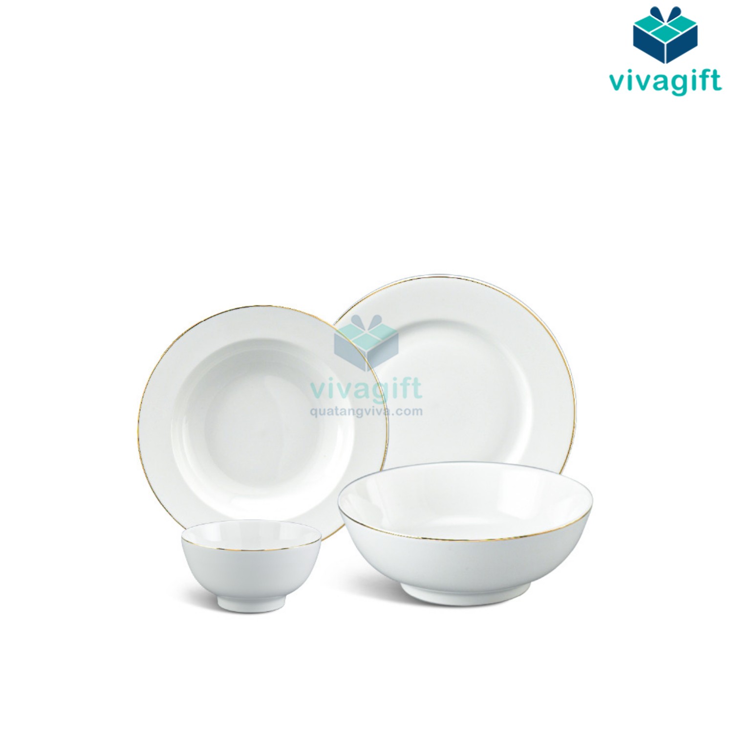 Quà Tặng Doanh Nghiệp Vivagift 97 Bộ chén dĩa gốm sứ Minh Long 9 sản phẩm - Jasmine - Chỉ Vàng A001_09014 - Quatangviva.com