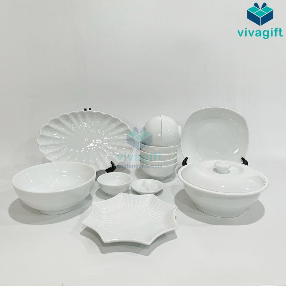 Quà Tặng Doanh Nghiệp Vivagift 91 Bộ Đồ Ăn Trắng Bát Tràng BAB-107 - Quatangviva.com