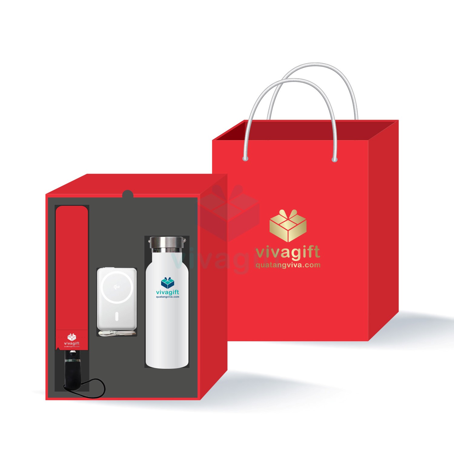 Quà Tặng Doanh Nghiệp Vivagift 35 Set quà doanh nghiệp bình giữ nhiệt, ô dù và sạc dự phòng GS215