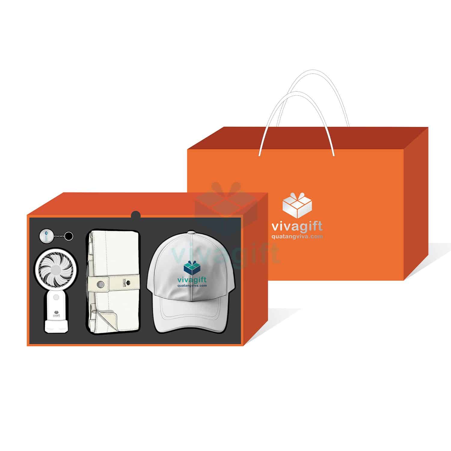 Quà Tặng Doanh Nghiệp Vivagift 31 Giftset quạt điện cầm tay, mũ lưỡi trai, túi tote và móc khóa GS233