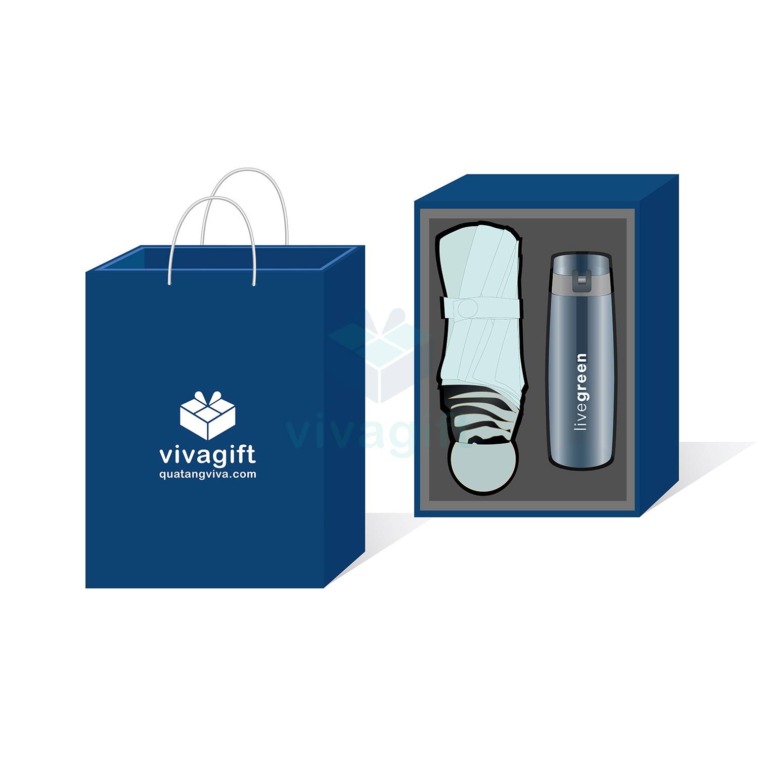 Quà Tặng Doanh Nghiệp Vivagift 31 Bộ giftset quà tặng bình nước nhựa và ô dù cầm tay GS219