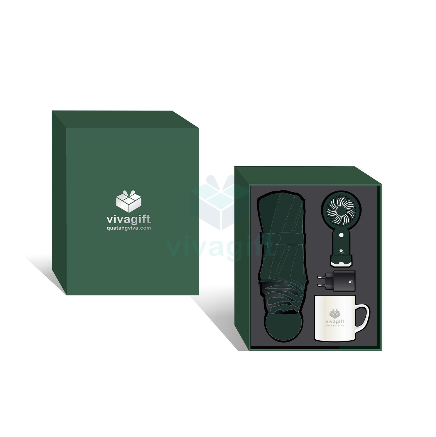 Quà Tặng Doanh Nghiệp Vivagift 32 Set quà doanh nghiệp ly sứ, củ sạc, quạt điện, ô dù cầm tay GS225