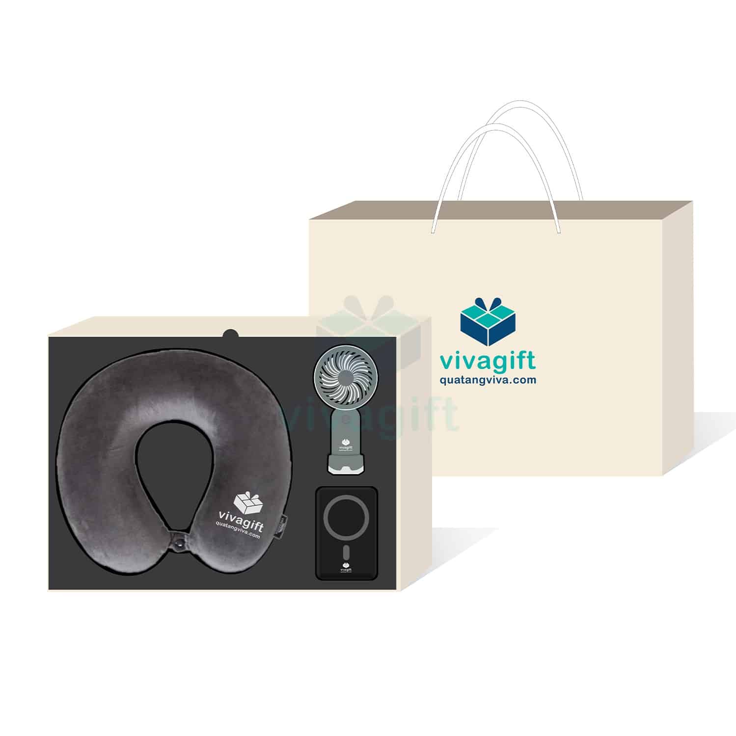 Quà Tặng Doanh Nghiệp Vivagift 33 Giftset quà tặng quạt cầm tay, sạc dự phòng và gối cổ GS231