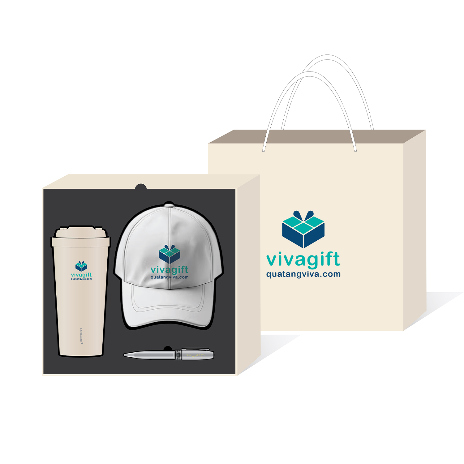 Quà Tặng Doanh Nghiệp Vivagift 32 Bộ giftset quà tặng bình nước, bút và mũ lưỡi trai GS236 - Quatangviva.com