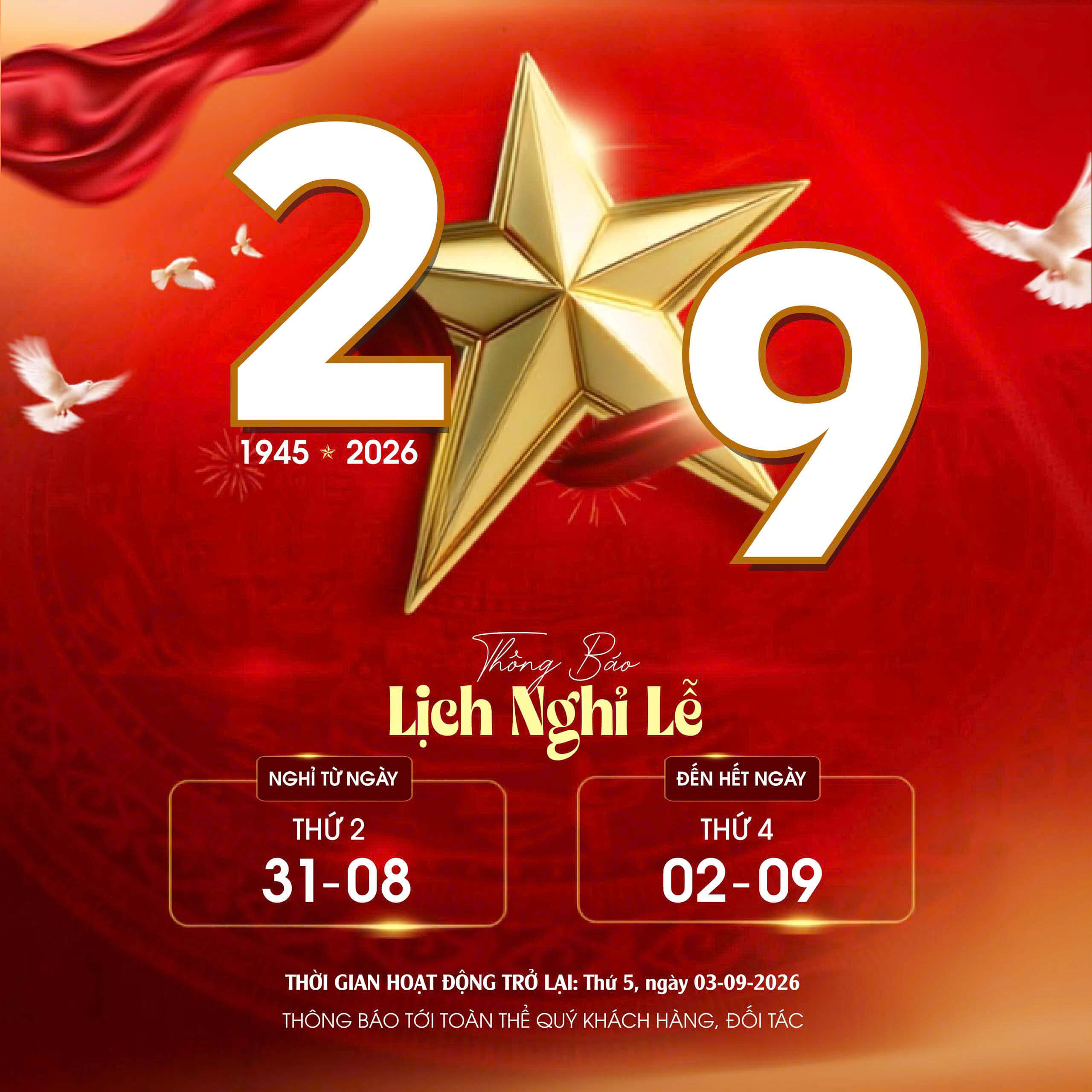 Vivagift thông báo thời gian nghỉ Lễ Quốc khánh 2/9
